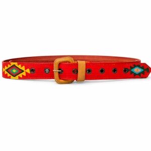 A Designs Red Leather Southwestern Embroidered Belt 37” Boho Western